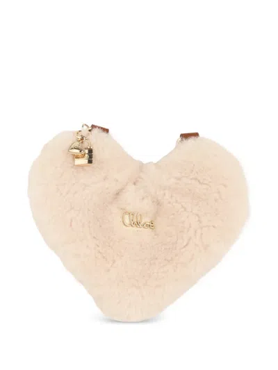 Chloé Kids' Heart-shaped Faux-shearling Shoulder Bag In Neutral
