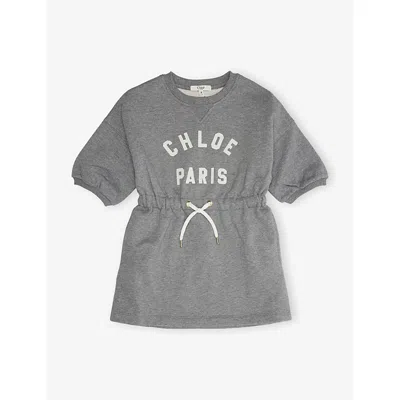 Chloé Kids' Heather Grey Logo-print Cotton Sweatshirt Dress 4- In Gray