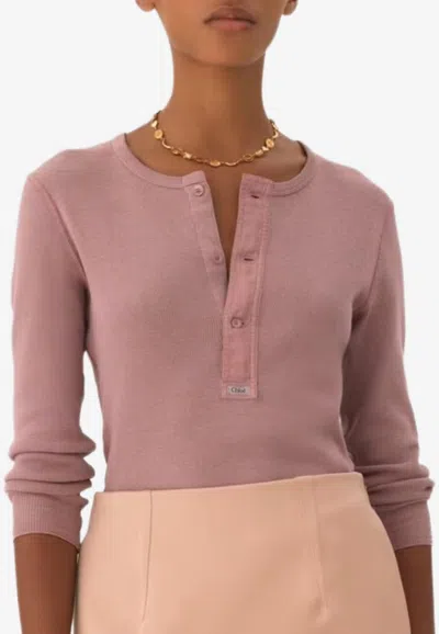Chloé Henley Ribbed Long-sleeved T-shirt In Pink
