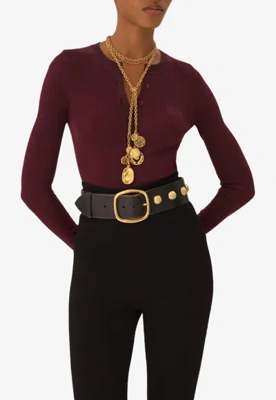 Chloé Henley Superfine Wool Knit T-shirt In Burgundy