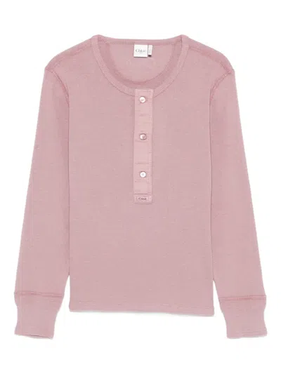 Chloé Fitted Henley Cotton Jersey Shirt Clothing In Pink