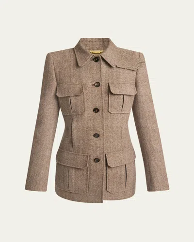 Chloé Herringbone Boyish Wool Jacket In Somber Brown