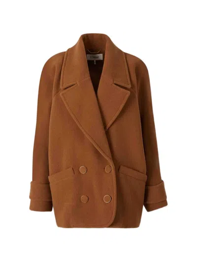 Chloé Herringbone Double-breasted Coat In Brown