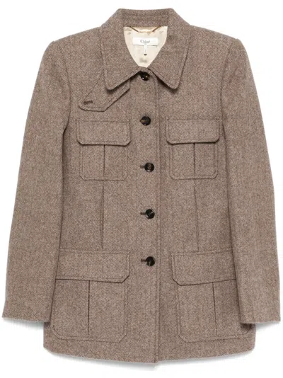 Chloé Pocket-detailed Herringbone Wool Jacket In Brown