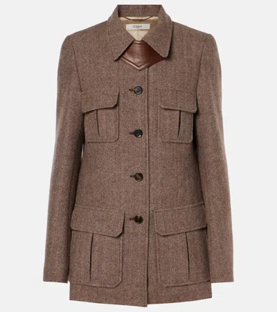Chloé Pocket-detailed Herringbone Wool Jacket In Brown