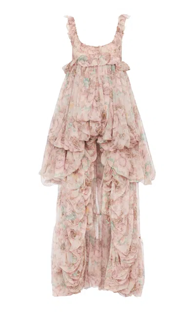 Chloé Floral Ruffle Tiered High-low Balloon Babydoll Dress In Muddy Grey