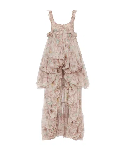 Chloé Floral Ruffle Tiered High-low Balloon Babydoll Dress In Muddy Grey