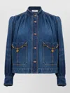 Chloé Blue Jacket With High Neck And Chain Detail On The Front In Denim Woman In Blue