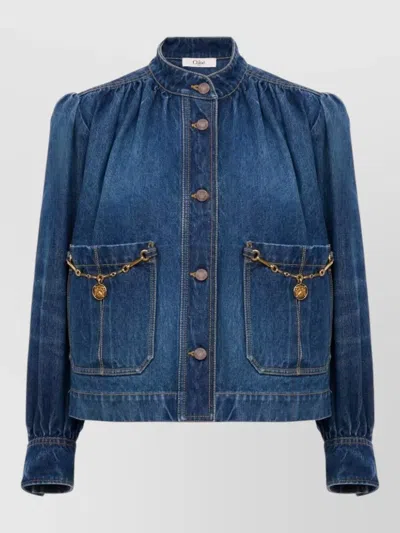 CHLOÉ DENIM HIGH NECK GATHERED CROPPED JACKET