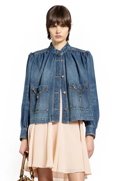 Chloé High Neck Gathered Denim Jacket In Blue