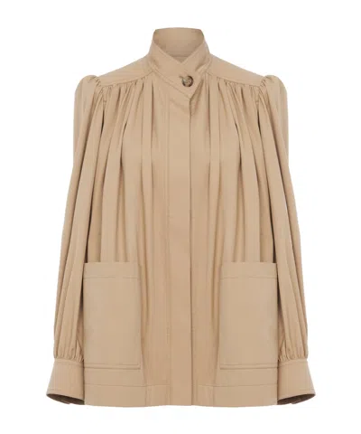 Chloé High-neck Gathered Jacket In Cotton Gabardine In Soft Tan
