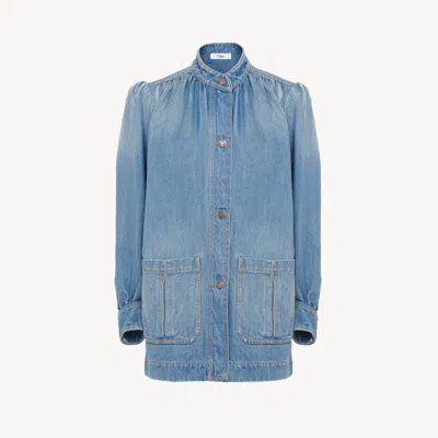 Chloé High-neck Gathered Jacket In Denim In Blue