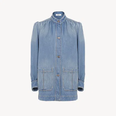 Chloé Long High Neck Gathered Denim Jacket In Iced Blue