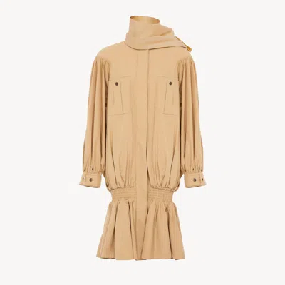 Chloé High-neck Gathered Trench Coat In Cotton Poplin In Brown