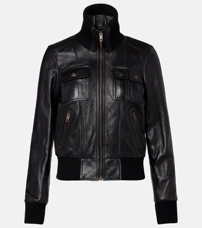 Chloé Leather Bomber Jacket With High Collar In Black