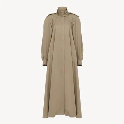 CHLOÉ HIGH-NECK LONG TRENCH COAT IN COTTON GABARDINE BROWN SIZE 8 100% COTTON, ZAMAK, CALF-SKIN LEATHER, H