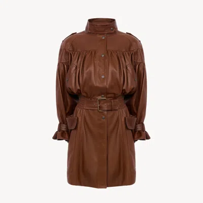 Chloé High-neck Puff-sleeve Coat In Leather In Brown