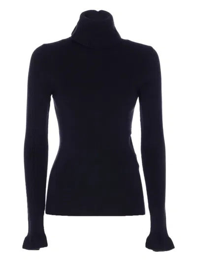 Chloé Logo-detailed Ribbed Cotton And Wool-blend Turtleneck Sweater In Blue