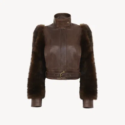 Chloé High-neck Short Jacket In Leather Brown Size 8 62% Viscose, 38% Cotton, Lambskin