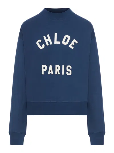 Chloé High Neck Sweater With Logo In Blue