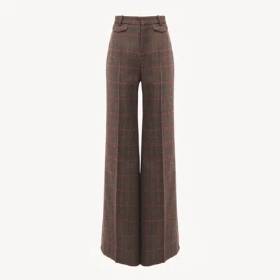 CHLOÉ HIGH-RISE FLARED TROUSERS IN WOOL CHECK BROWN SIZE 16 100% VIRGIN WOOL, HORN BUBALUS BUBALIS, FARMED