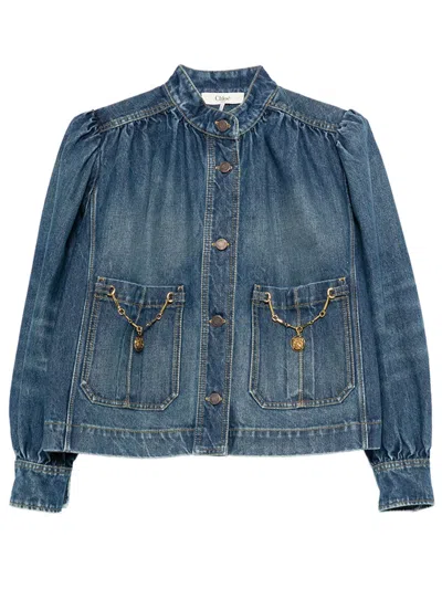 Chloé Ruffled High Collar Denim Jacket In Blue