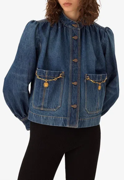 Chloé High-neck Gathered Denim Jacket In Blue