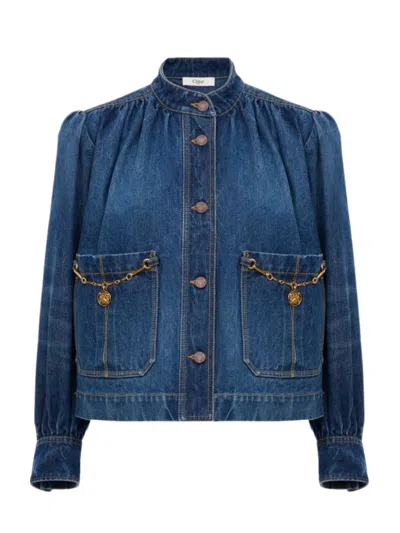 Chloé Women Blue Jacket With High Neck And Chain Detail On The Front In Denim Woman