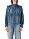 Chloé Blue Jacket With High Neck And Chain Detail On The Front In Denim Woman In Blue