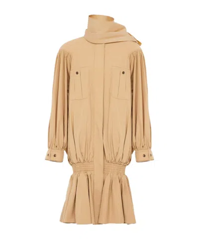 Chloé High-neck Gathered Trench Coat In Cotton Poplin In Brown