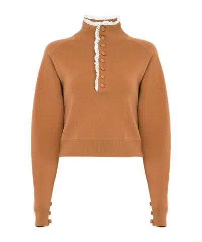 Chloé Wool Knit Mock Neck Lace Pullover In Brown