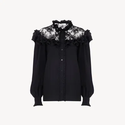 Chloé High-neck Ruffled Blouse In Crêpe De Chine & Lace In Black