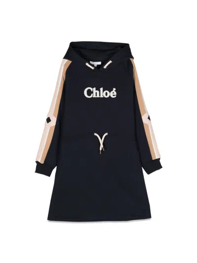 Chloé Kids' Hooded Dress With Logo In Blue