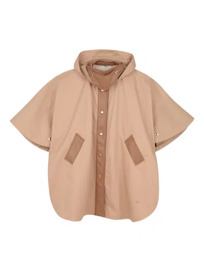 Chloé Hooded Leather Trim Cape In Brown