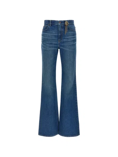 Chloé Women Blue Jeans With Wide Leg And Pendant Charm On The Front In Denim Woman