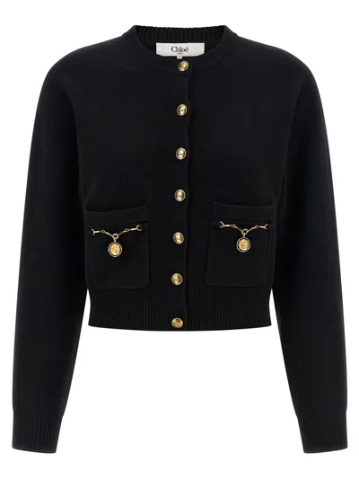 Chloé Chloe Embellished-pocket Wool And Cashmere-blend Cardigan In Black