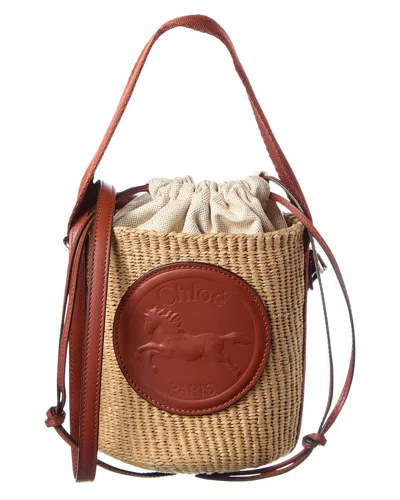 Chloé Horse Medal Basket Leather And Canvas-trimmed Raffia Tote In Brown