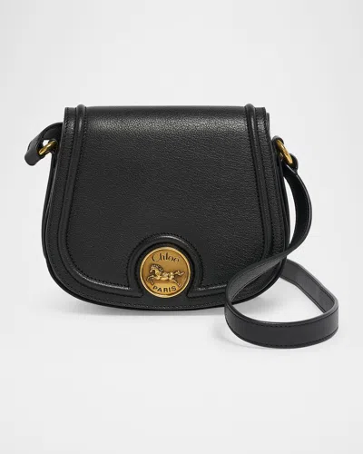 Chloé Horse Medal Saddle Crossbody Bag In Grained Leather In Black