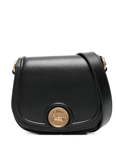 Chloé Grained Leather Shoulder Bag With Prominent Logo Detail In Black