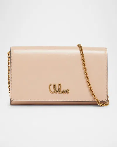 Chloé Iconic Flap Wallet On Chain In Shiny Calfskin In Cement Pink