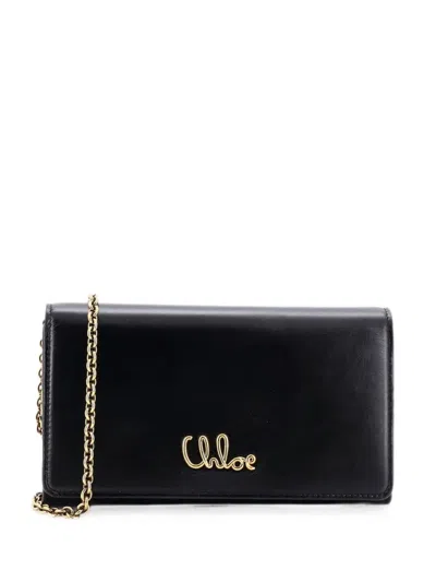 Pre-owned Chloé Iconic Flap Wallet On Chain Leather Crossbody Bag In Black