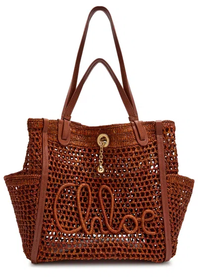 Chloé Chloe Iconic Logo Leather And Raffia Tote Bag In Brown