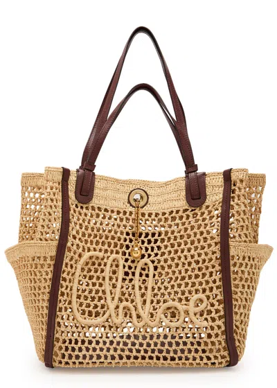 Chloé Chloe Iconic Logo Leather And Raffia Tote Bag In Nude