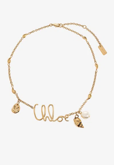 Chloé Iconic Logo Shells Choker Necklace In Gold