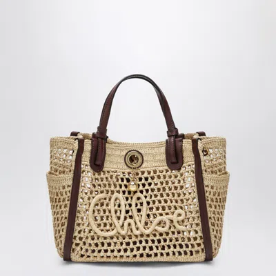 Chloé Iconic Tote Bag In Raffia And Leather, Hot Sand In Beige