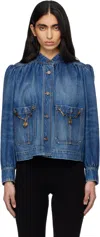 Chloé Blue Jacket With High Neck And Chain Detail On The Front In Denim Woman In Gold