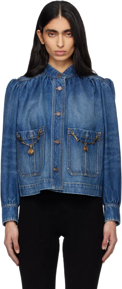 Chloé Indigo High-neck Gathered Denim Jacket In Gold
