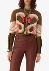 Chloé Hand Knit Flamingo Intarsia Wool Crewneck Sweater In Brown