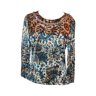 Pre-owned Chloé Chloe Ivory, Blue, & Gold Paisley Printed Silk Blouse W/ Rhinestone Trim - 42 In Gray
