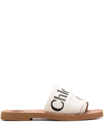 CHLOÉ CHLOÉ IVORY LINEN WOODY SLIPPERS